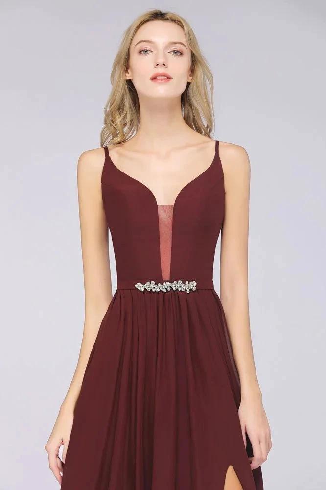 Sexy Double Deep V-Neck Ruffles Sleeveless Bridesmaid Dress Chiffon Side Split Evening Party Dress by misshow.com