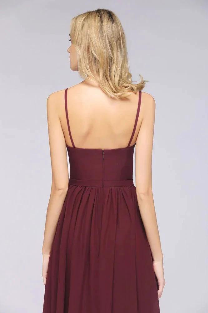 Sexy Double Deep V-Neck Ruffles Sleeveless Bridesmaid Dress Chiffon Side Split Evening Party Dress by misshow.com