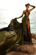 Sexy Floor Length Sleeveless Halter Prom Dress with Split by misshow.com