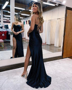 Sexy Floor Length Spaghetti Strap Sleeveless Mermaid Satin Prom Dress with Ruffles