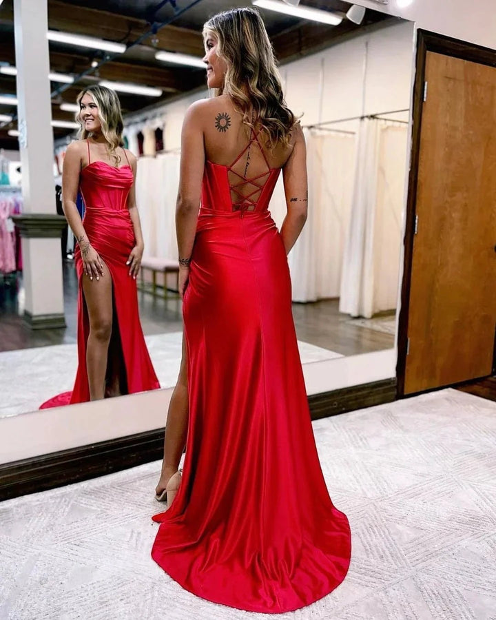 Sexy Floor Length Spaghetti Strap Sleeveless Mermaid Satin Prom Dress with Ruffles by misshow.com