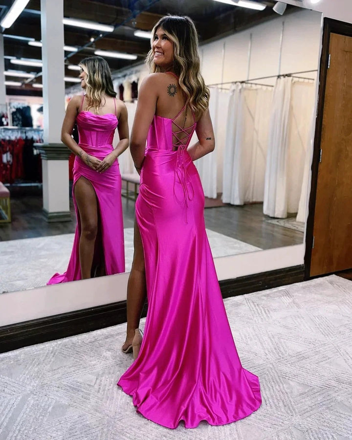 Sexy Floor Length Spaghetti Strap Sleeveless Mermaid Satin Prom Dress with Ruffles by misshow.com