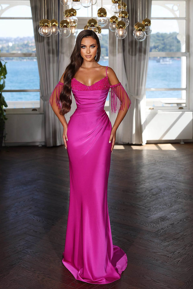 Sexy Floor Length Spaghetti Straps Mermaid Satin Evening Dress with Beads Hover Image