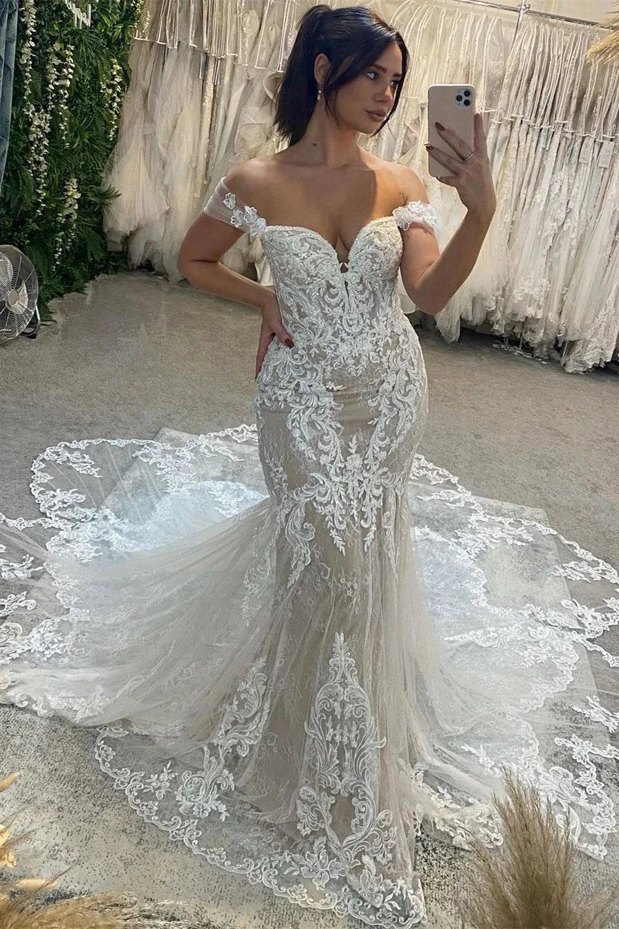 Sexy Floor Length Sweetheart Off-The-Shoulder Sleeveless Mermaid Lace Wedding Dress by misshow.com