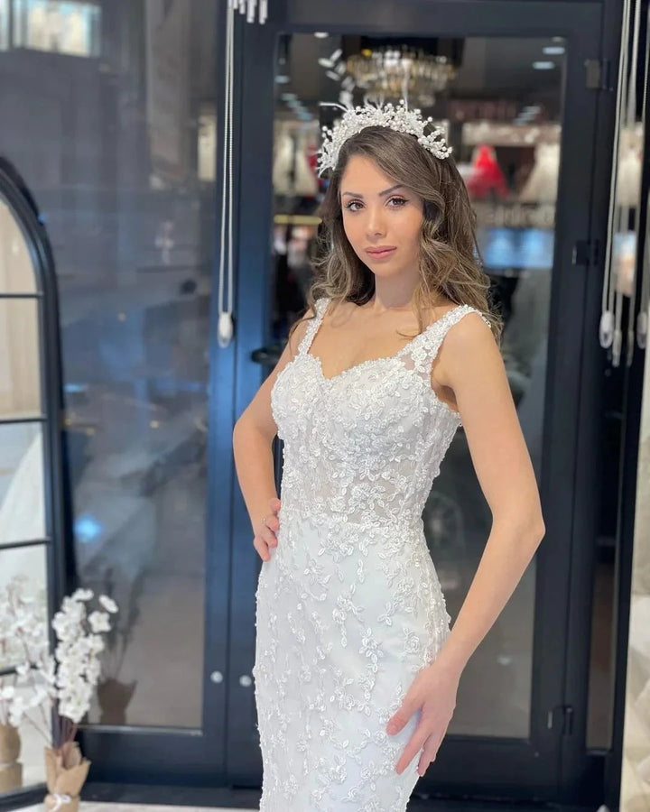 Sexy Floor Length Sweetheart Traps Sleeveless Mermaid Lace Weddding Dress with Court Train by misshow.com