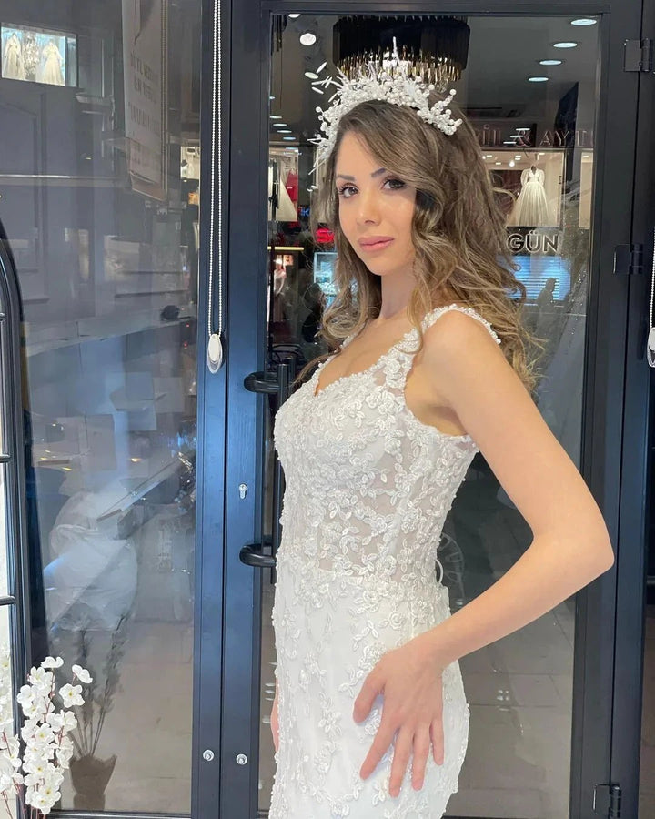Sexy Floor Length Sweetheart Traps Sleeveless Mermaid Lace Weddding Dress with Court Train by misshow.com