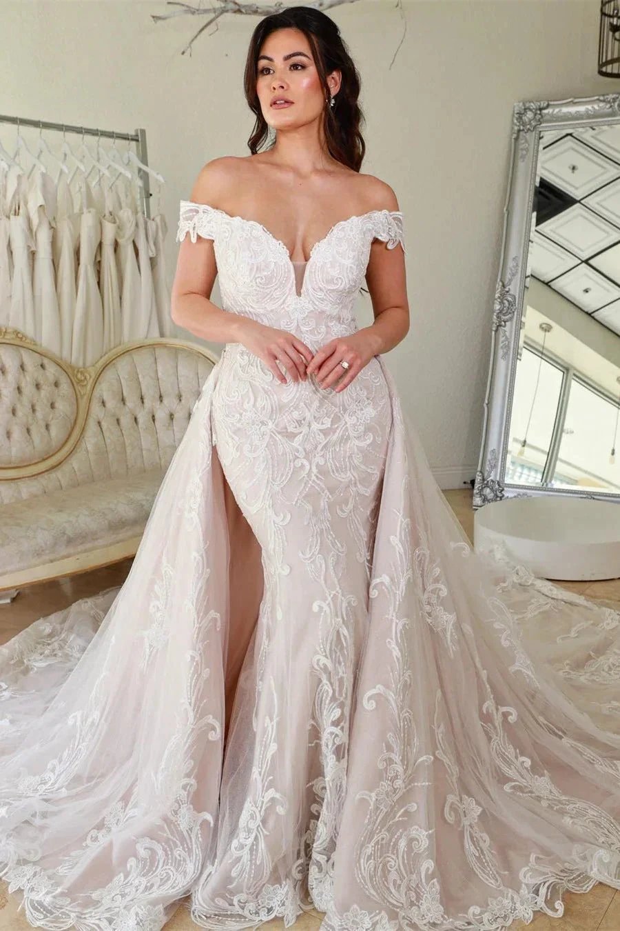 Sexy Floor Length V-Neck Off-The-Shoulder Mermaid Lace Wedding Dress with Court Train by misshow.com