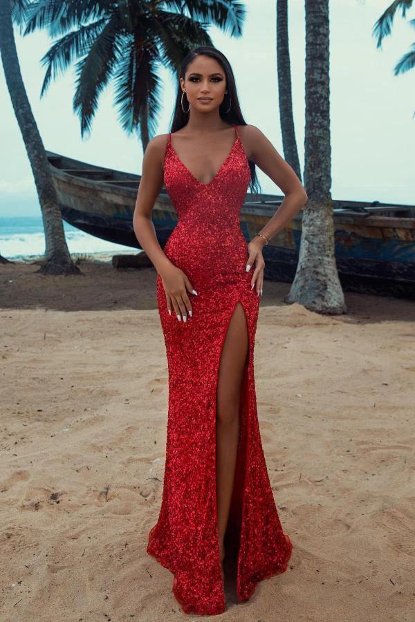 Sexy Glitter Long Mermaid V-neck Sequins Formal Prom Dress with Slit by BIZTUNNEL