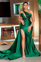 Sexy Green One Shoulder Beading Wedding Prom Dresses with Slit by misshow.com