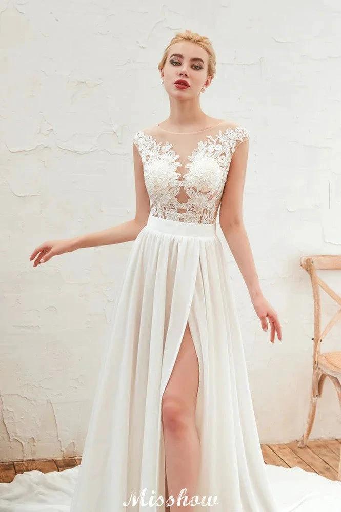 Sexy High Split Cap Sleeve Wedding Dress Sheer Back Ivory Lace Bridal Gown by misshow.com