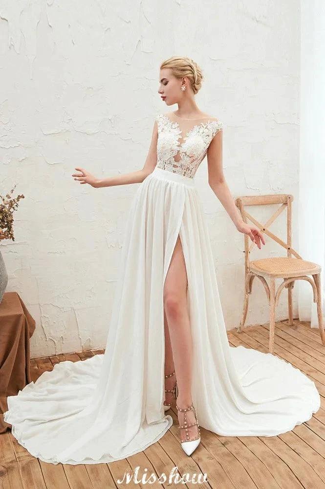 Sexy High Split Cap Sleeve Wedding Dress Sheer Back Ivory Lace Bridal Gown by misshow.com