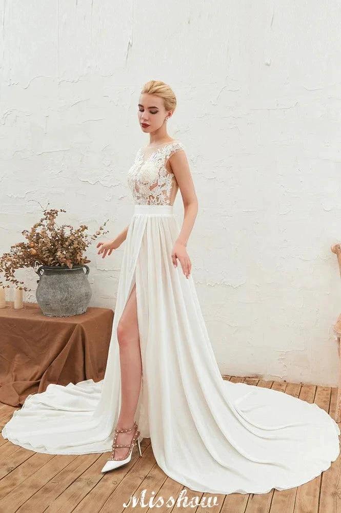 Sexy High Split Cap Sleeve Wedding Dress Sheer Back Ivory Lace Bridal Gown by misshow.com