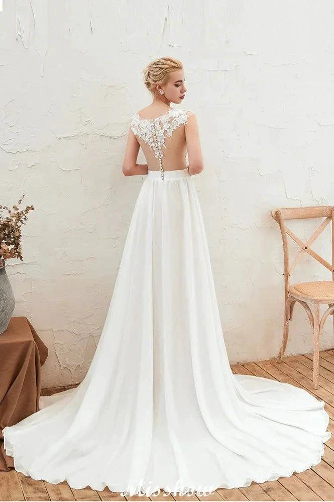 Sexy High Split Cap Sleeve Wedding Dress Sheer Back Ivory Lace Bridal Gown by misshow.com