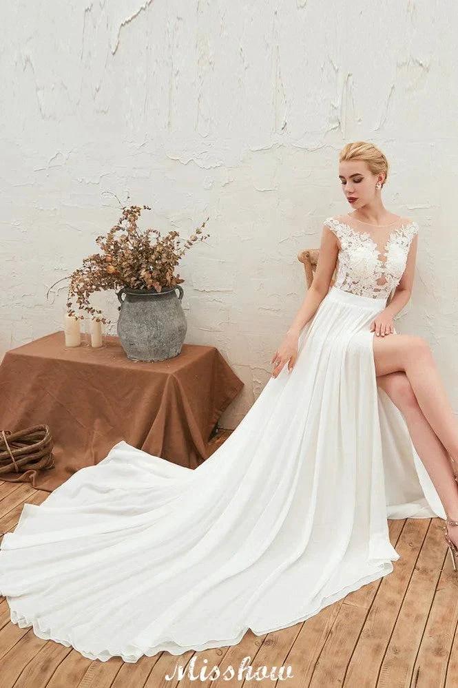 Sexy High Split Cap Sleeve Wedding Dress Sheer Back Ivory Lace Bridal Gown by misshow.com