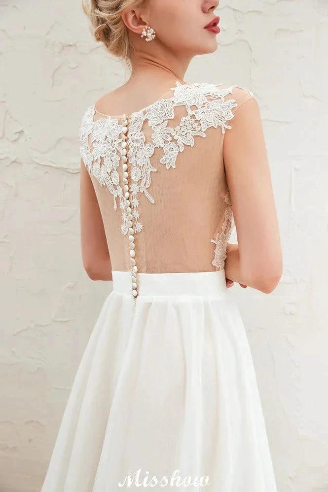 Sexy High Split Cap Sleeve Wedding Dress Sheer Back Ivory Lace Bridal Gown by misshow.com