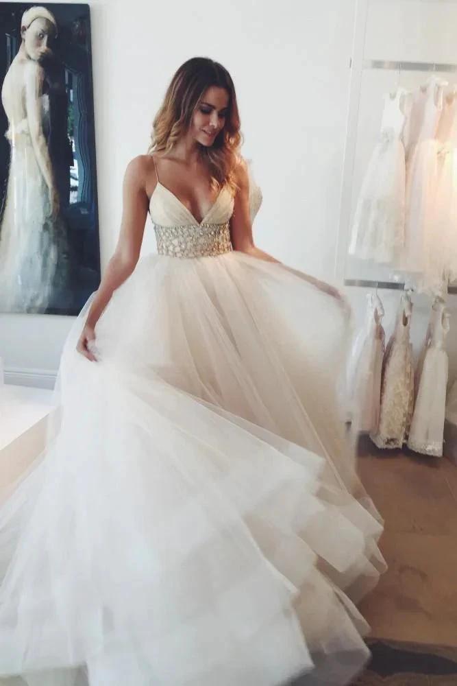 Sexy Ivory Long A-line V-neck Spaghetti Straps Tulle Wedding Dress by BIZTUNNEL