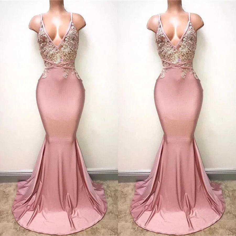 Sexy Lace-Appliques Sleeveless Mermaid Spaghettis-Strap Evening Gowns by misshow.com