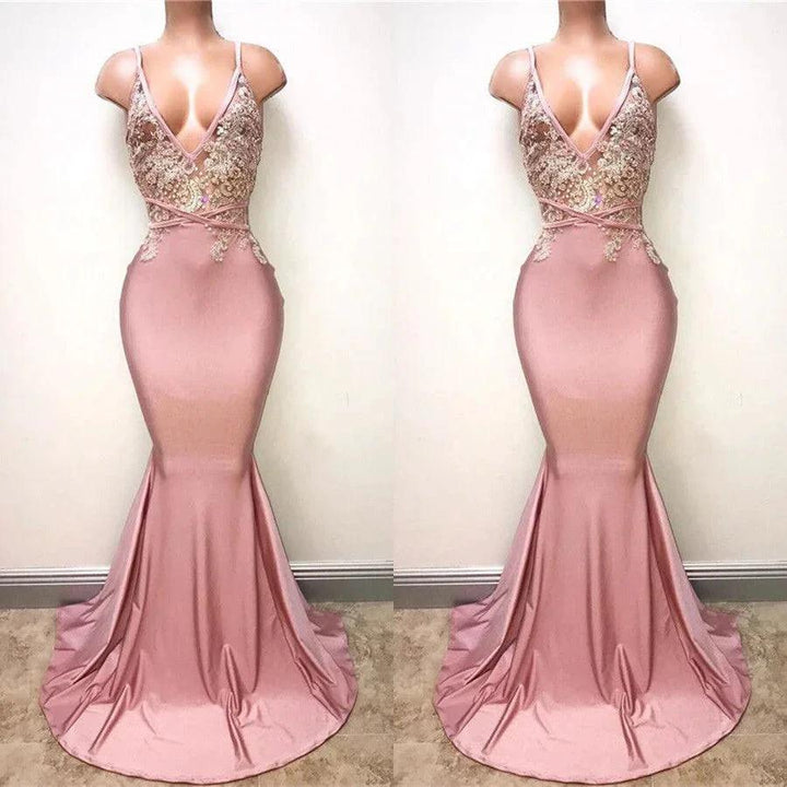 Sexy Lace-Appliques Sleeveless Mermaid Spaghettis-Strap Evening Gowns by misshow.com