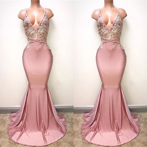 Sexy Lace-Appliques Sleeveless Mermaid Spaghettis-Strap Evening Gowns