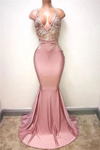 Sexy Lace-Appliques Sleeveless Mermaid Spaghettis-Strap Evening Gowns by misshow.com