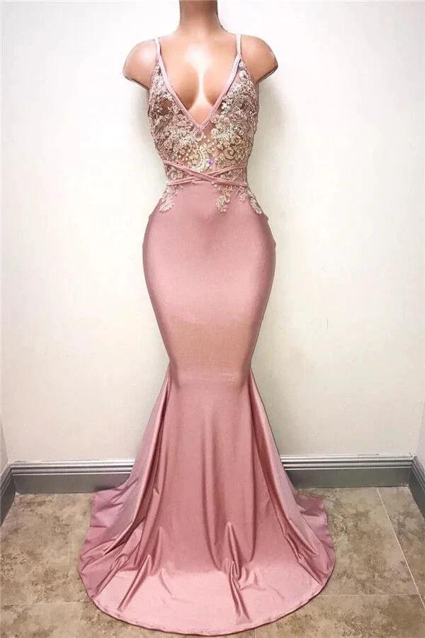 Sexy Lace-Appliques Sleeveless Mermaid Spaghettis-Strap Evening Gowns by misshow.com