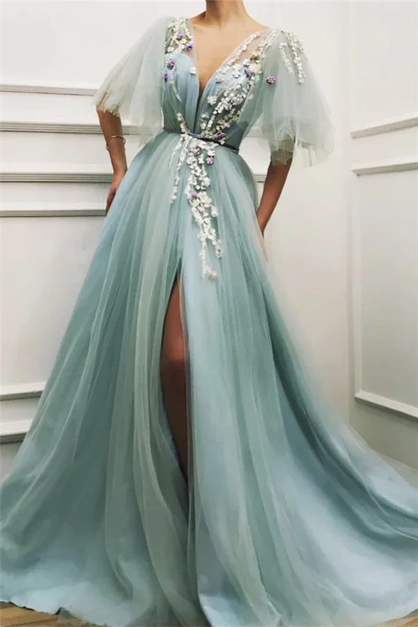 Sexy Long A-line Deep V Neck Tulle Front Slit Prom Dress with Sleeves by BIZTUNNEL