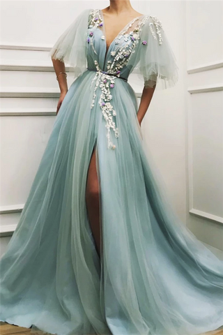 Sexy langes A-Linien-Ballkleid aus Tüll mit tiefem V-Ausschnitt, Schlitz vorne und Ärmeln