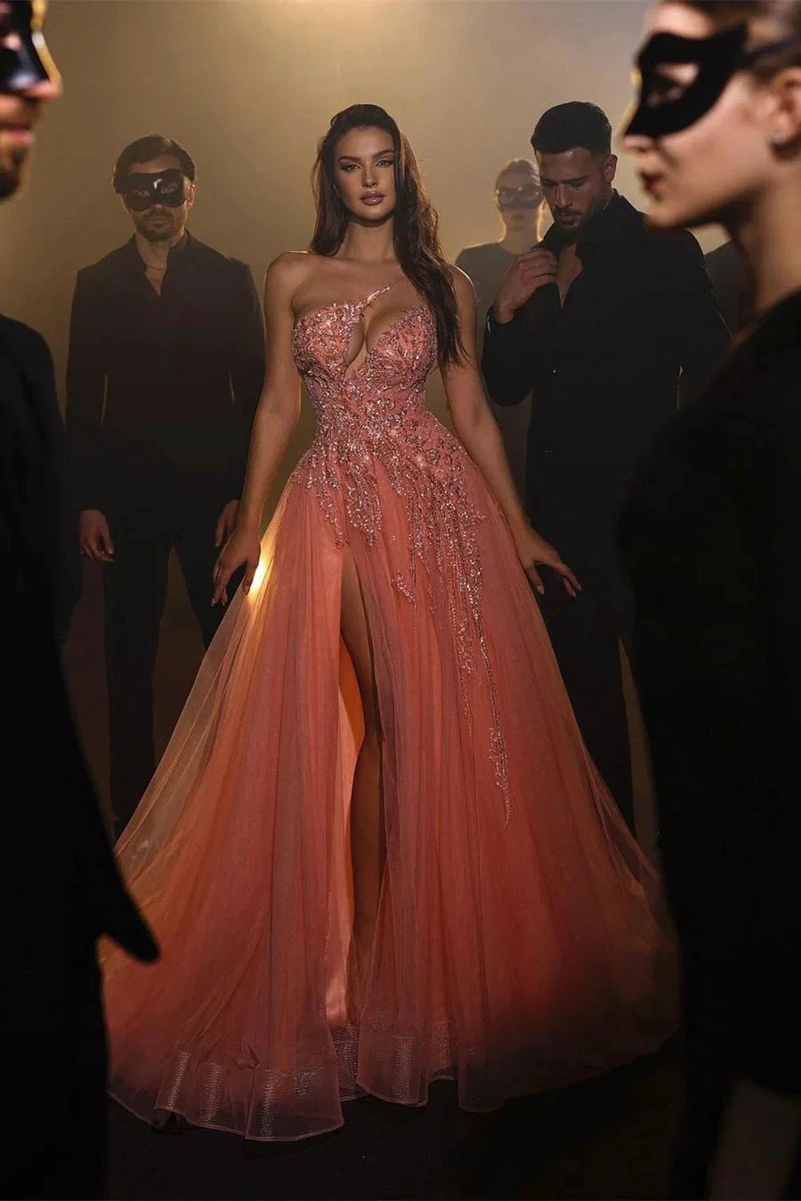 Sexy Long A-line Pink Sleeveless One-Shoulder Tulle Prom Dresses With Rhinestone by misshow.com