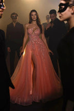 Sexy Long A-line Pink Sleeveless One-Shoulder Tulle Prom Dresses With Rhinestone by misshow.com