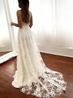 Sexy Long A-Line Spaghetti Strap Lace Backless Wedding Dresseswith Slit by BIZTUNNEL