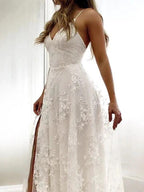 Sexy Long A-Line Spaghetti Strap Lace Backless Wedding Dresseswith Slit by BIZTUNNEL