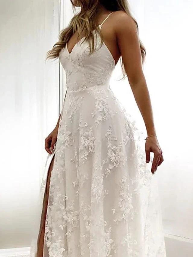Sexy Long A-Line Spaghetti Strap Lace Backless Wedding Dresseswith Slit by BIZTUNNEL