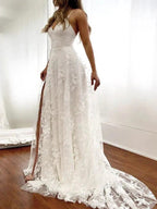 Sexy Long A-Line Spaghetti Strap Lace Backless Wedding Dresseswith Slit by BIZTUNNEL
