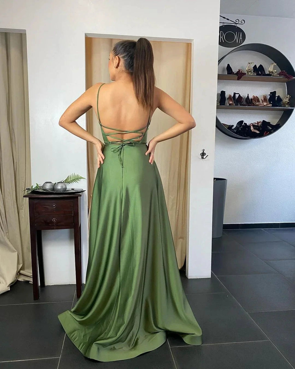 Sexy Long A-line Spaghetti Straps Satin Front Slit Backless Prom Dress with Pockets by BIZTUNNEL
