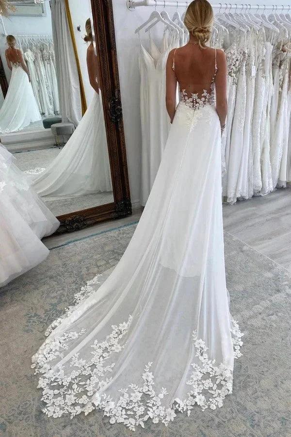 Sexy Long A-line Sweetheart Sleeveless Spaghetti Straps Backless Wedding Dress with Chapel Train by BIZTUNNEL