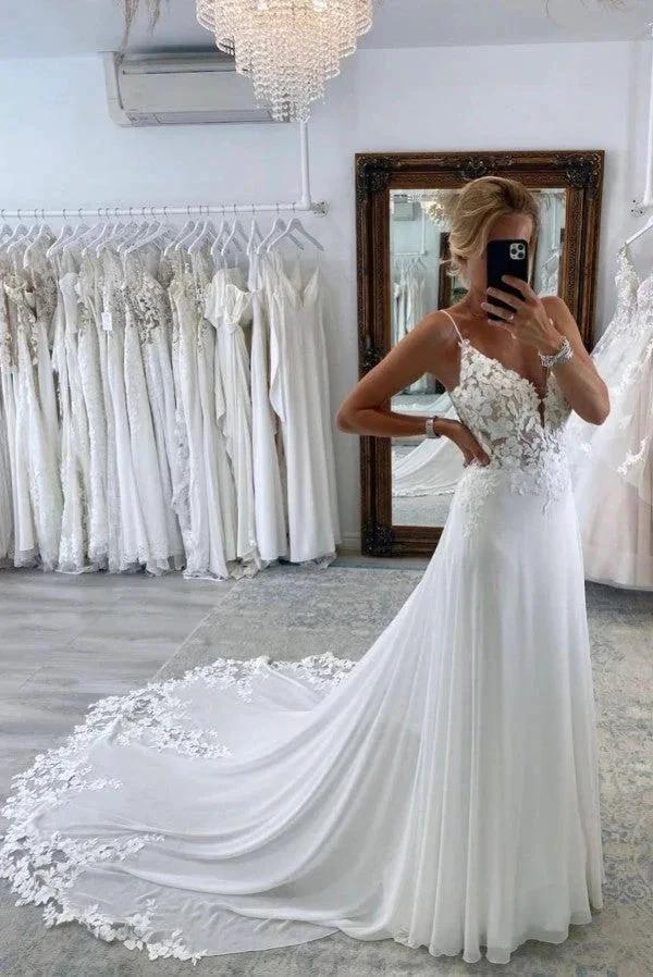 Sexy Long A-line Sweetheart Sleeveless Spaghetti Straps Backless Wedding Dress with Chapel Train by BIZTUNNEL