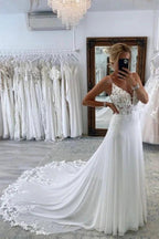 Sexy Long A-line Sweetheart Sleeveless Spaghetti Straps Backless Wedding Dress with Chapel Train by BIZTUNNEL