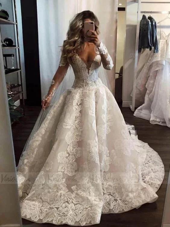 Sexy Long A-Line V-neck Appliques Lace Pearl Wedding Dress with Sleeves by BIZTUNNEL