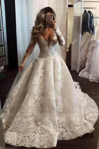 Sexy Long A-Line V-neck Appliques Lace Pearl Wedding Dress with Sleeves by BIZTUNNEL