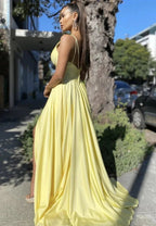 Sexy Long A-line V-neck Backless Satin Backless Formal Prom Dresses with Slit by BIZTUNNEL