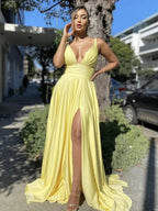 Sexy Long A-line V-neck Backless Satin Backless Formal Prom Dresses with Slit by BIZTUNNEL