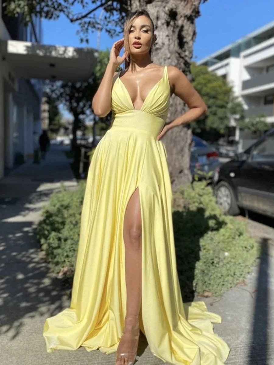 Sexy Long A-line V-neck Backless Satin Backless Formal Prom Dresses with Slit by BIZTUNNEL