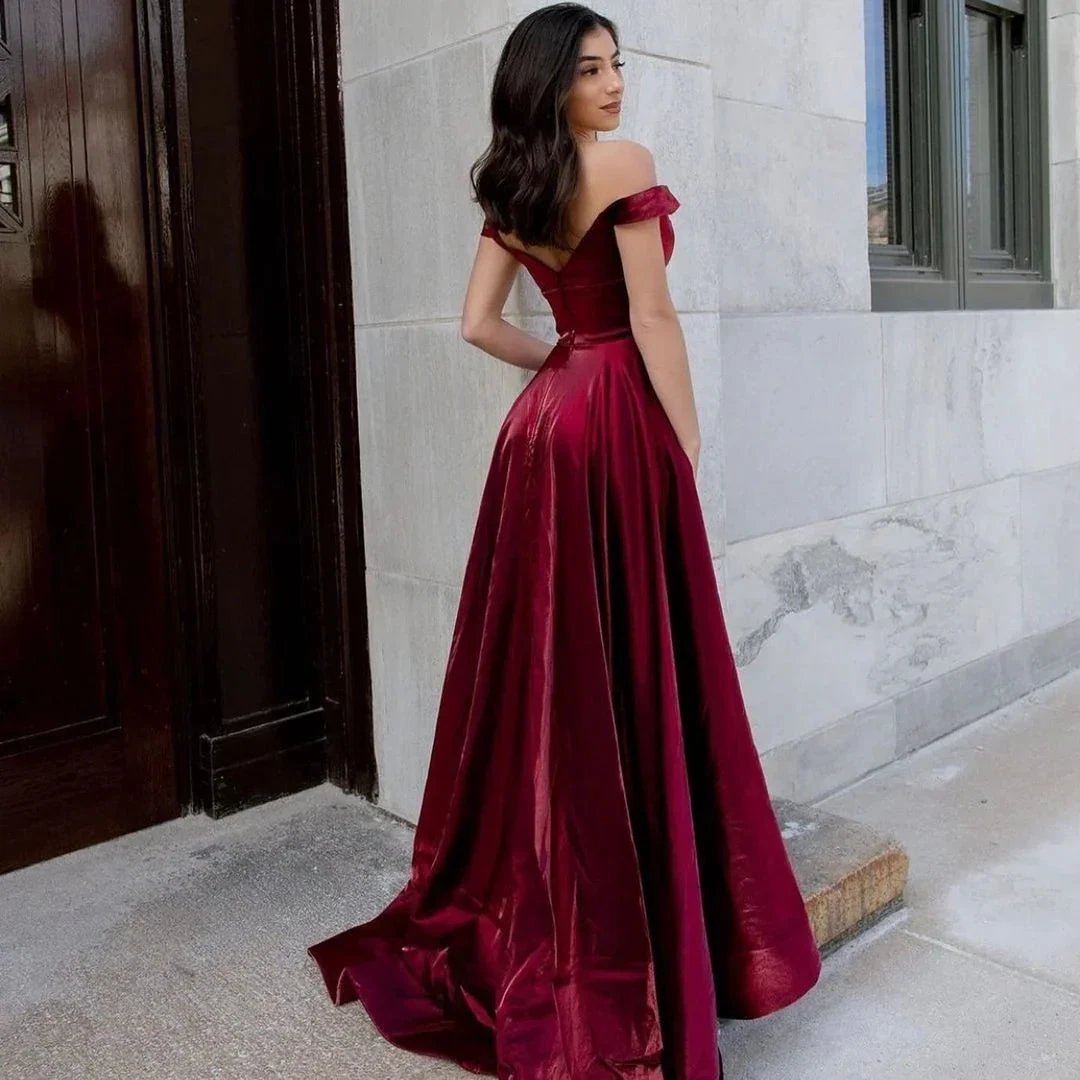 Sexy Long A-line V-neck Off-the-shoulder Backless Velvet Prom Dress With Pockets by BIZTUNNEL