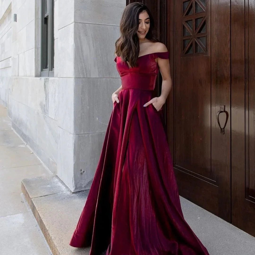 Sexy Long A-line V-neck Off-the-shoulder Backless Velvet Prom Dress With Pockets by BIZTUNNEL