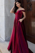 Sexy Long A-line V-neck Off-the-shoulder Backless Velvet Prom Dress With Pockets by BIZTUNNEL