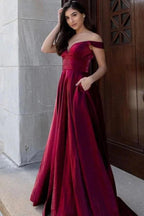 Sexy Long A-line V-neck Off-the-shoulder Backless Velvet Prom Dress With Pockets by BIZTUNNEL