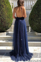 Sexy Long A-line V-neck Open Back Tulle Sequins Prom Dress by BIZTUNNEL