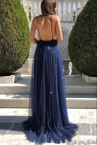 Sexy langes A-Linien-Ballkleid mit V-Ausschnitt und offenem Rücken aus Tüll und Pailletten