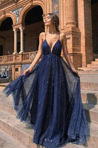 Sexy Long A-line V-neck Open Back Tulle Sequins Prom Dress by BIZTUNNEL