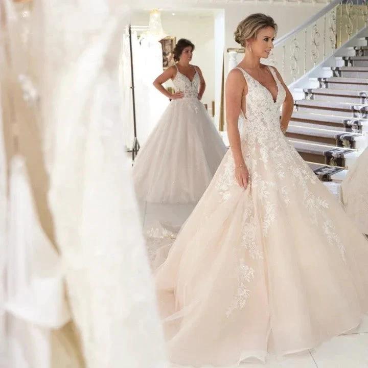 Sexy Long A-Line V-neck Spaghetti Straps Appliques Lace Backless Wedding Dress by BIZTUNNEL